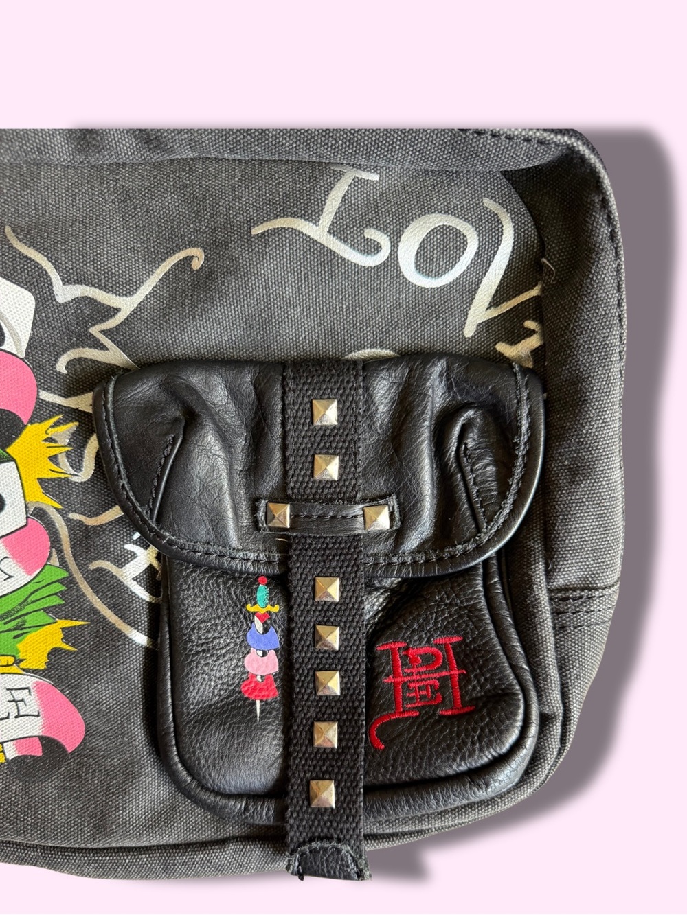 Ed Hardy Love Is A Gamble Black Denim Leather Saddle Crossbody Bag Y2K - Picture 6 of 9